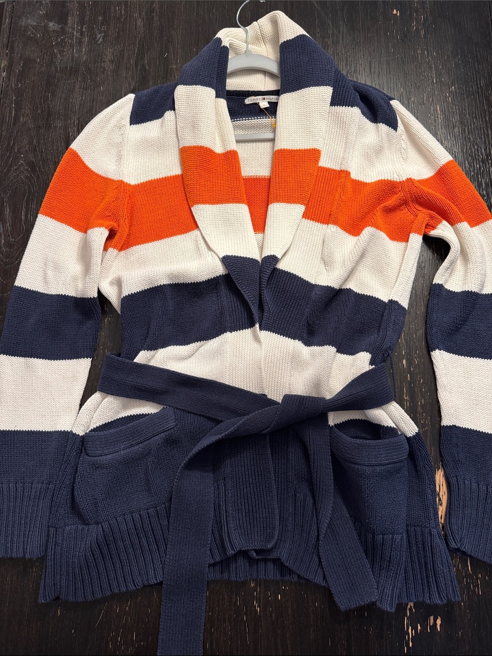 Tommy Hilfiger Navy, White & Orange Striped Shawl-Collar Belted Cardigan
